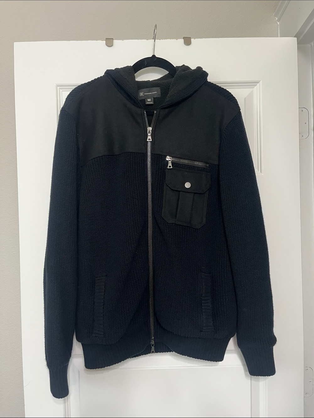INC International Concepts Black Hooded Zip Sweater with Utility Chest Pocket